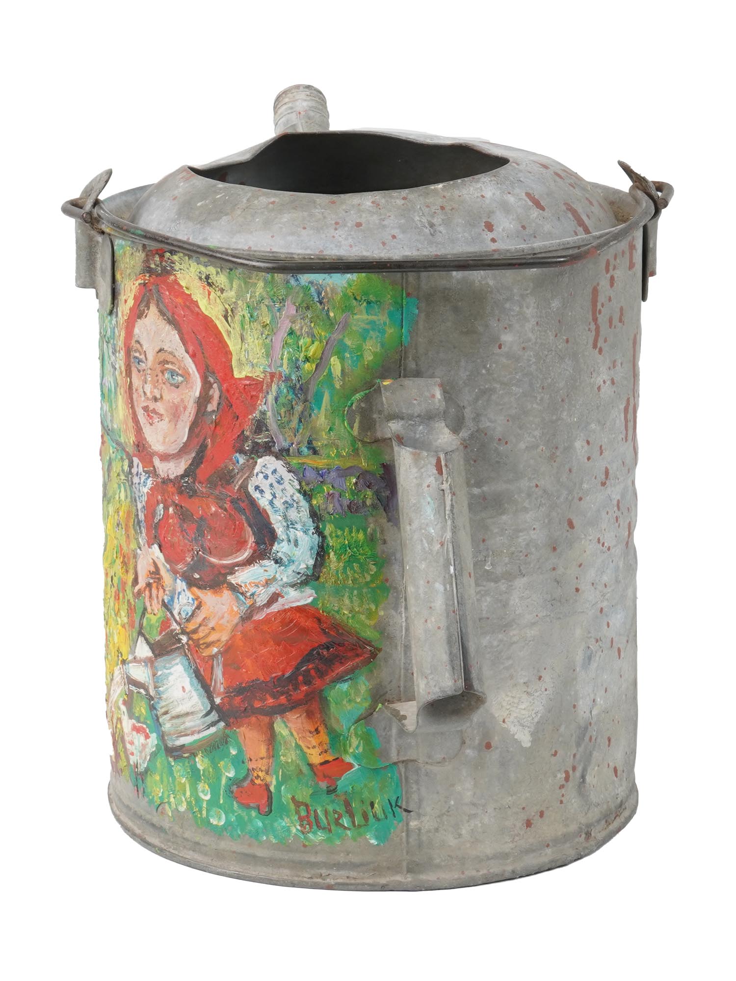 RUSSIAN PAINTING ON TIN WATER CAN BY DAVID BURLIUK PIC-1